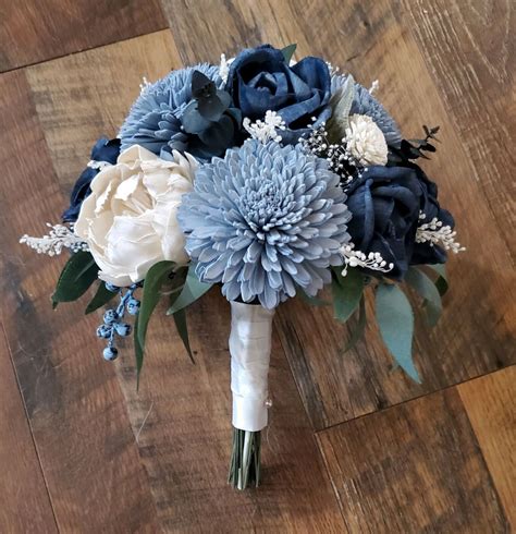 Dusty Blue White Navy Roses Sola Wood Bride Bridal Bouquet Wedding Flowers | eBay