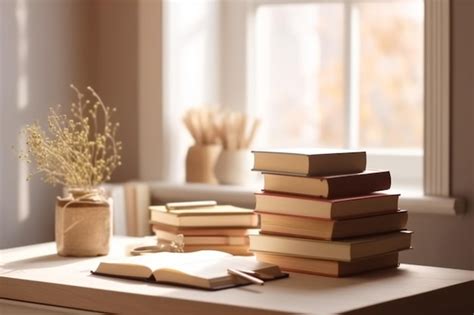 Premium AI Image | A stack of books on a desk with a plant in the ...