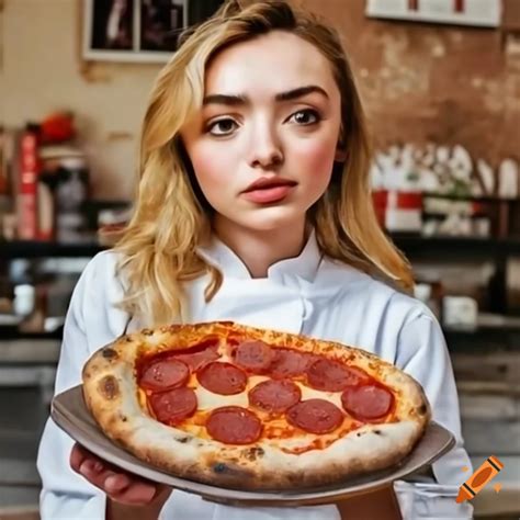 Peyton list holding a pepperoni pizza in rome