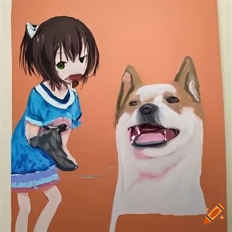 Painting of a funny meme dog with an anime girl on Craiyon