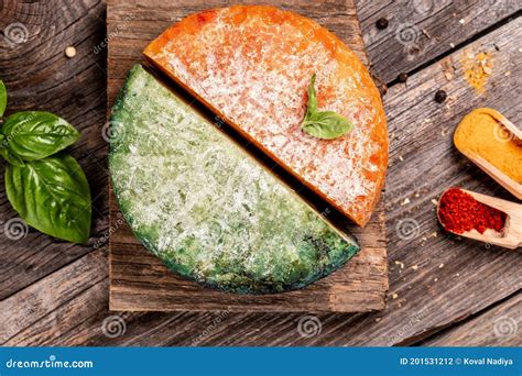 Homemade Different Types of Mature Cheese Wheel on the Wooden Background. Top View Stock Photo ...