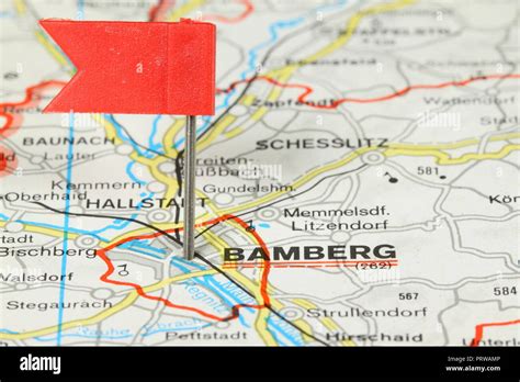 Bamberg - city in Germany. Red flag pin on an old map showing travel destination Stock Photo - Alamy