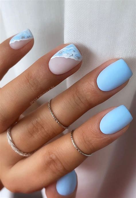 29 Summer Aesthetic Nails Designs 2021 : Baby Blue Abstract Nail Art