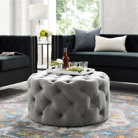 Inspired Home Tracy Velvet Cocktail Ottoman Allover Tufted Round ...