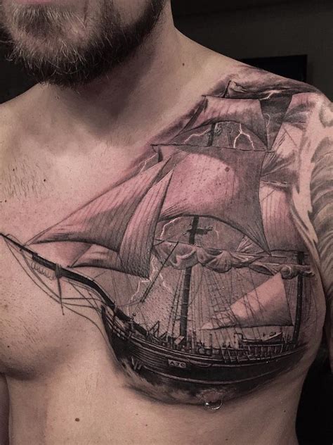 Sailing Ship On Guys Chest | Best tattoo design ideas