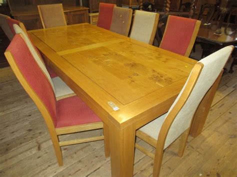 Large modern light oak dining table and eight chairs by royal oak ...