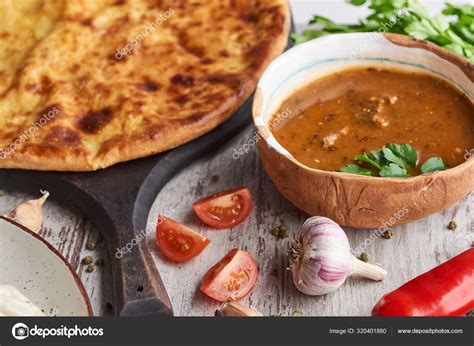 Imereti Khachapuri Soup Kharcho Spices Vegetables Table — Stock Photo © VadimVasenin #320401880