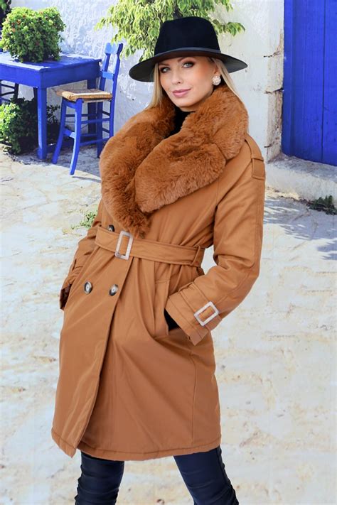 Camel synthetic fur lined trench coat