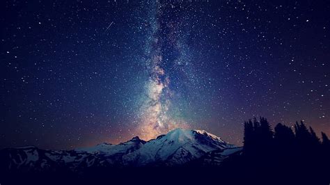 HD wallpaper: white and black mountain, sky, stars, mountains, trees, night | Wallpaper Flare