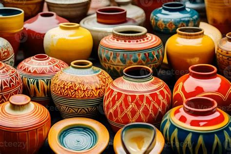 many colorful pottery vases are displayed on a table. AI-Generated 30891240 Stock Photo at Vecteezy