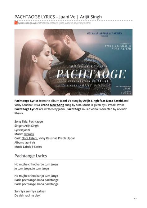 PACHTAOGE LYRICS – Jaani Ve | Arijit Singh by Lyrics 4 Songs - Issuu