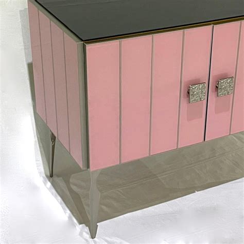 Modern Italian Custom Art Deco Style Rose Pink Black Glass Brass Cabinet /Bar For Sale at 1stDibs
