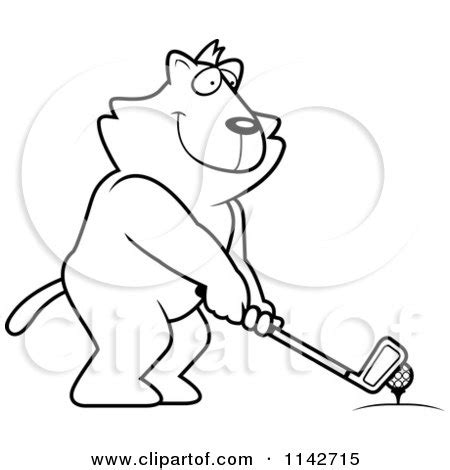 Cartoon Clipart Of A Black And White Golfing Cat Holding The Club Against The Ball On The Tee ...