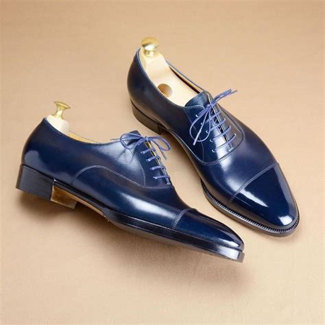 Handmade Leather Oxford Navy Blue Colour Cap Toe Formal Dress Shoes For Men's - Dress/Formal ...