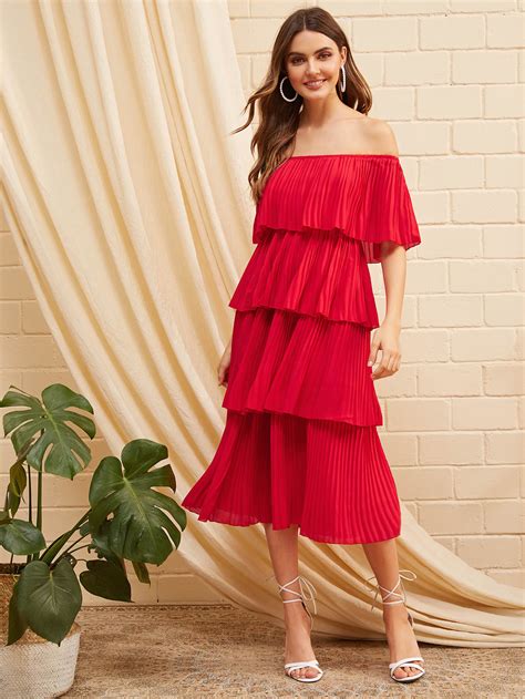 Foldover Front Off Shoulder Layered Pleated Dress