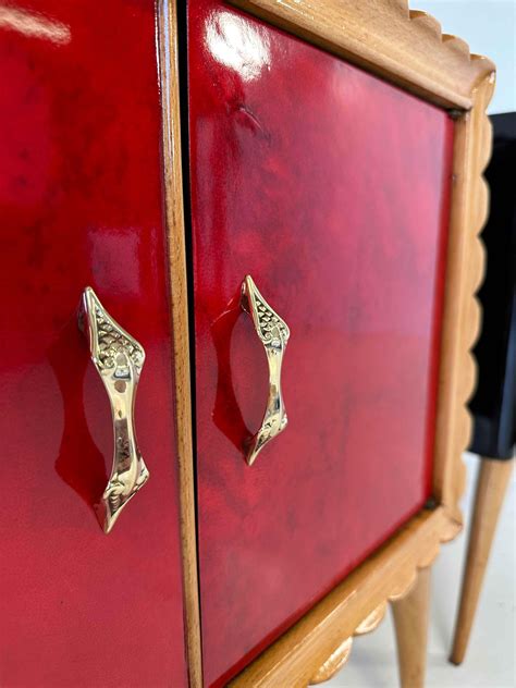 Italian Art Deco Style Cherry Red Parchment, Maple and Black Nightstands, 1950s For Sale at 1stDibs