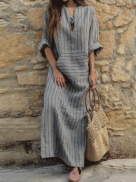 V neck Sheath Women Cotton Stripe Half Sleeve Paneled Plain Summer Dress | Loose maxi dress ...