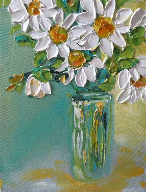 Original Oil Painting impasto Daisy Flowers Bouquet on canvas palette knife Painting | Flower ...