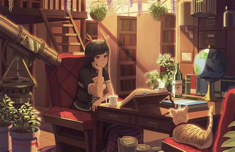 Books, Horns, Studying, Neko, Room, Library, Anime Girl, anime girl studying HD wallpaper | Pxfuel