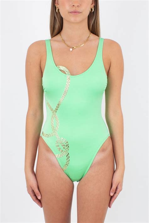 80s/90s Neon Green Sexy One Piece Swimsuit with Gold … - Gem
