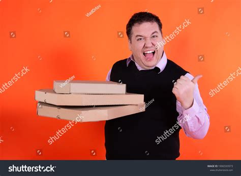 Funny Pizza Delivery Man Orange Background Stock Photo 1906593973 ...