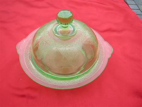 Vintage Vasoline Depression Glass Round Domed Covered Butter Dish, Parrot Design -- Antique ...