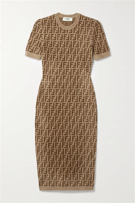 Fendi Logo-jacquard Stretch-velvet Midi Dress in Brown (Natural) | Lyst