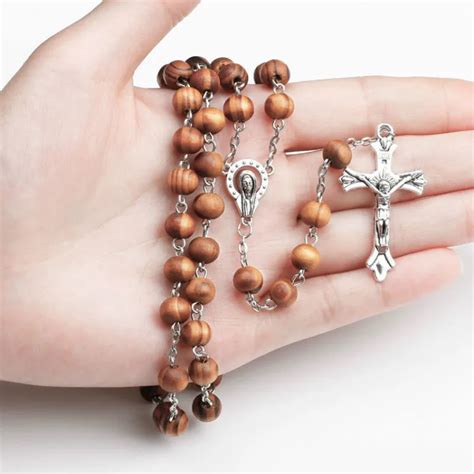 2018 Catholic Cross Necklace religious Wooden Beads Rosary Necklace ...