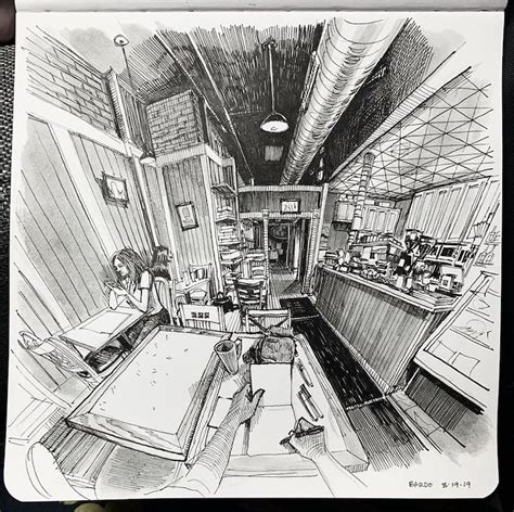 an ink drawing of a kitchen with lots of counter space