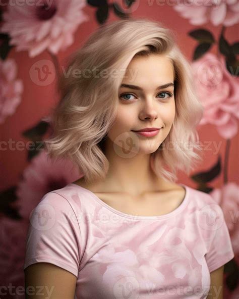 portrait of a beautiful young woman with blonde hair and pink t shirt in front of pink floral ...