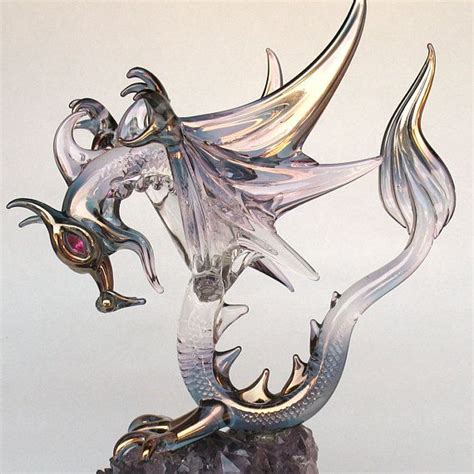 Dragon Figurine Winged Blown Glass on Amethyst Crystal Dragon Figurines ...