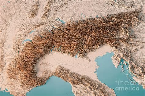 Alps Mountain Range 3D Render Topographic Map Neutral Digital Art by ...