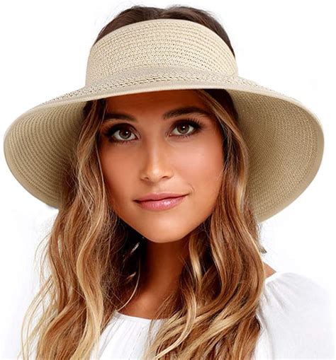Sun Visor Hats for Women Wide Brim Straw Roll Up Ponytail Summer Beach Hat UV UPF 50 Packable ...
