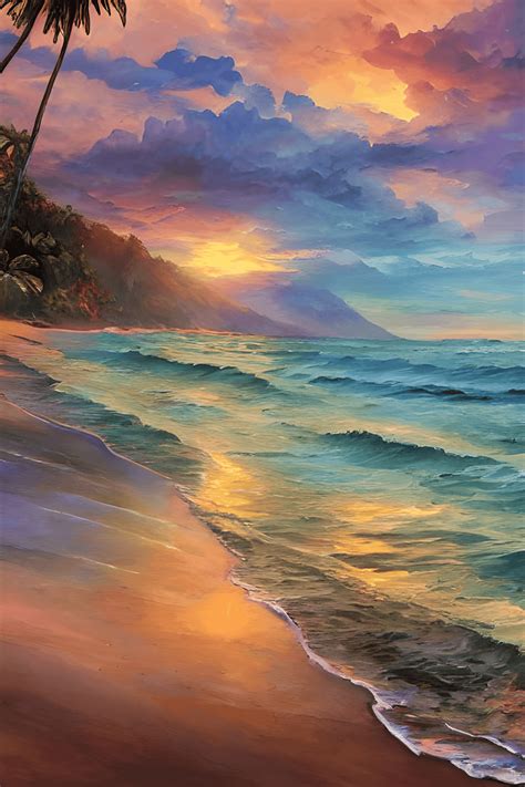 Extremely Realistic Tropical Beach Sunset Painting · Creative Fabrica