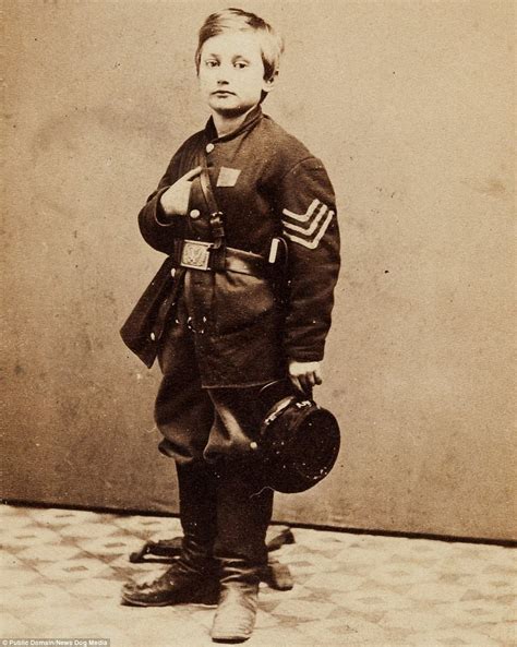 Little Johnny Clem, aged 12 in 1863, in uniform, with the stripes showing off his officer's rank ...