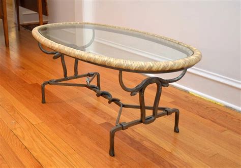 UNIQUE Vintage Hand Forged Iron Coffee Table w Glass Top – Braided Leather Edge – Western SNAKE ...