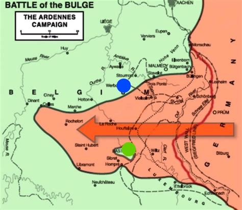 Map showing battle sites in proximity of one another; Bastogne (101st) in green, Werbomont (82nd ...