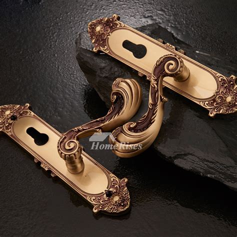 Antique High End Carved Polished Brass Bedroom Door Handle With Lock