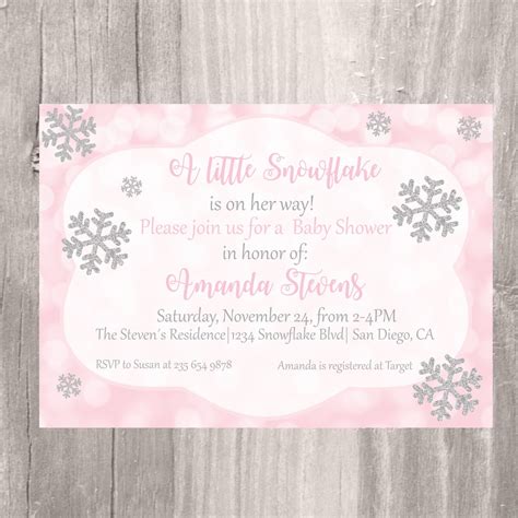 Winter Baby Shower Invitation, Pink and Silver Snowflake Printable Baby ...