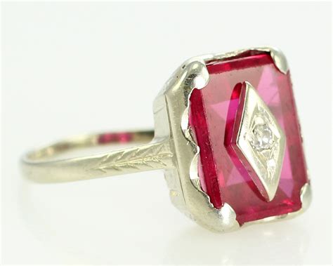 Art Deco Created Ruby Diamond Ring - .03 Ct Natural Diamond - 14K White Gold Fine Jewelry - Size ...