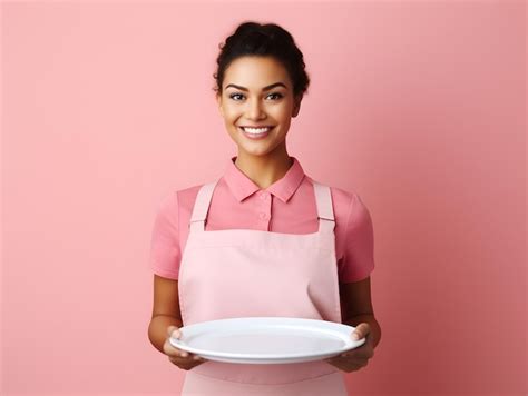 Premium Photo | Portrait of a waitress holding blank food tray isolated on pink background