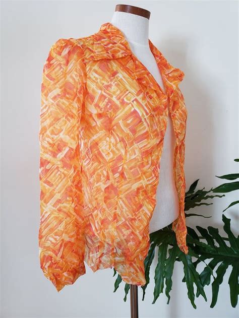 1970s Handmade Vintage Semi-sheer Long Sleeve Double Lapel Collared Shirt, Orange Abstract ...