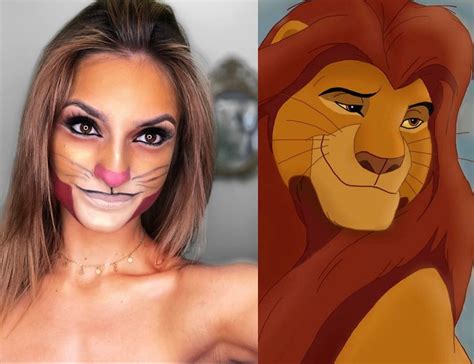 a woman with lion makeup and an image of the face of simba from the lion king
