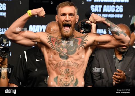 Las Vegas NV, USA. 25th Aug, 2017. Ireland, 's Conor McGregor weighs in at 153 pounds at todays ...