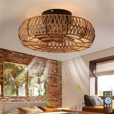 Letmarey 20" Cage Low Profile Bladeless Ceiling Fan with Light and Remote, Medieval Boho Style ...