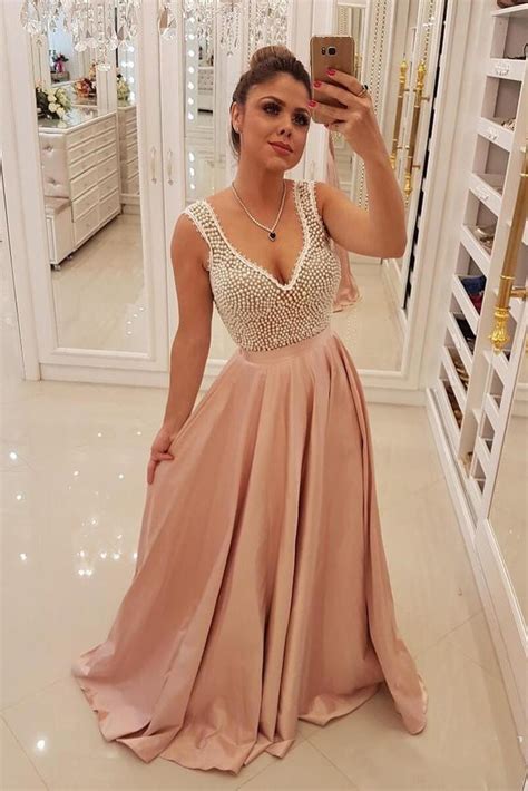 Charming Blush Pink Long Satin Prom Dresses Unique Pearls Formal ...