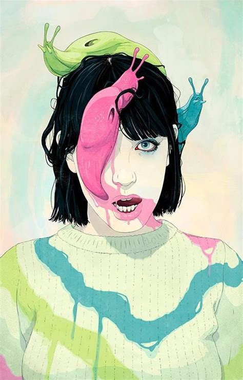 Buy Slug Face by Jason Levesque Print- Neon slugs crawl along the body of a black haired woman ...