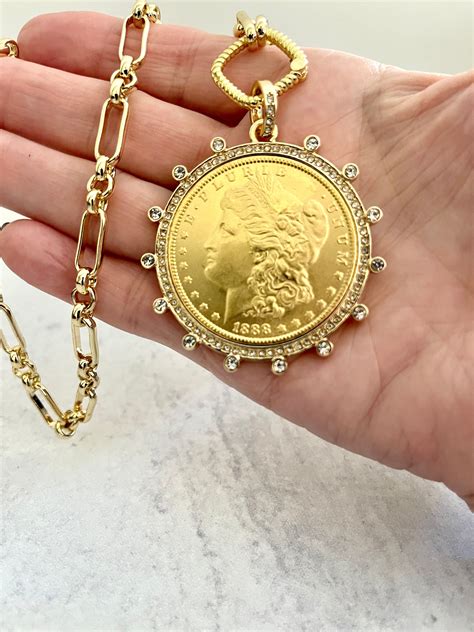 Vintage Coin Necklace-Gold Multi Link Chain Necklace-Gold Reproduction Coin Pendant-Cubic ...