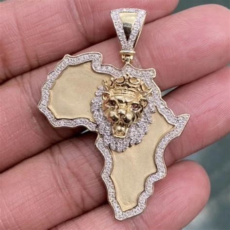 10K Yellow Gold Diamond Lion Head and Africa Map Outline Pendant 2" Charm 0.70 CT, Jewelry, Lion ...