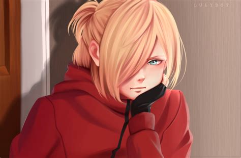 an anime character with blonde hair talking on a cell phone while wearing a red hoodie